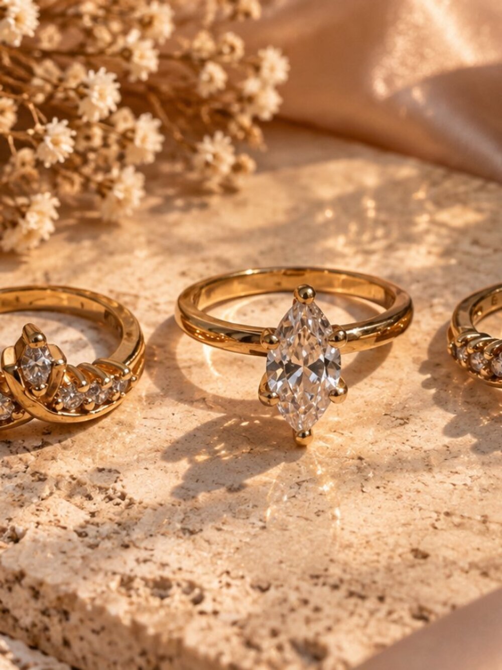 Gold Tone Ring Lot of 3 with Clear Stones, Approx. Size 5.5